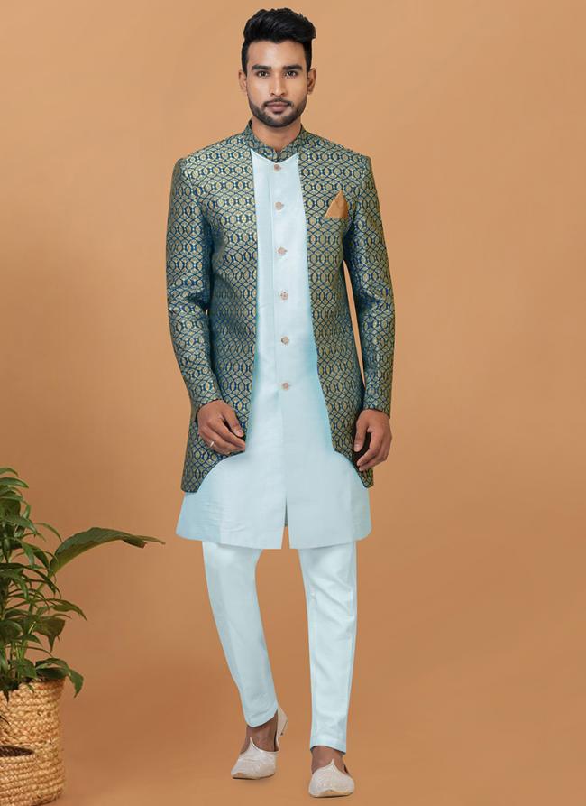 Jacquard Silk  Sky Blue Wedding Wear Embroidery Work Readymade Mens Indo Western